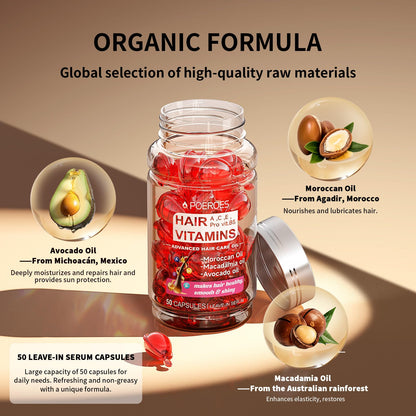 POEROES Hair Oil 50 Capsules - Hair Vitamins A C E Pro B5 - Hair Treatment Serum - Hair Serum for Frizzy and Damaged Hair - Argan & Avocado Oil - Leave in Conditioner for Women & Men