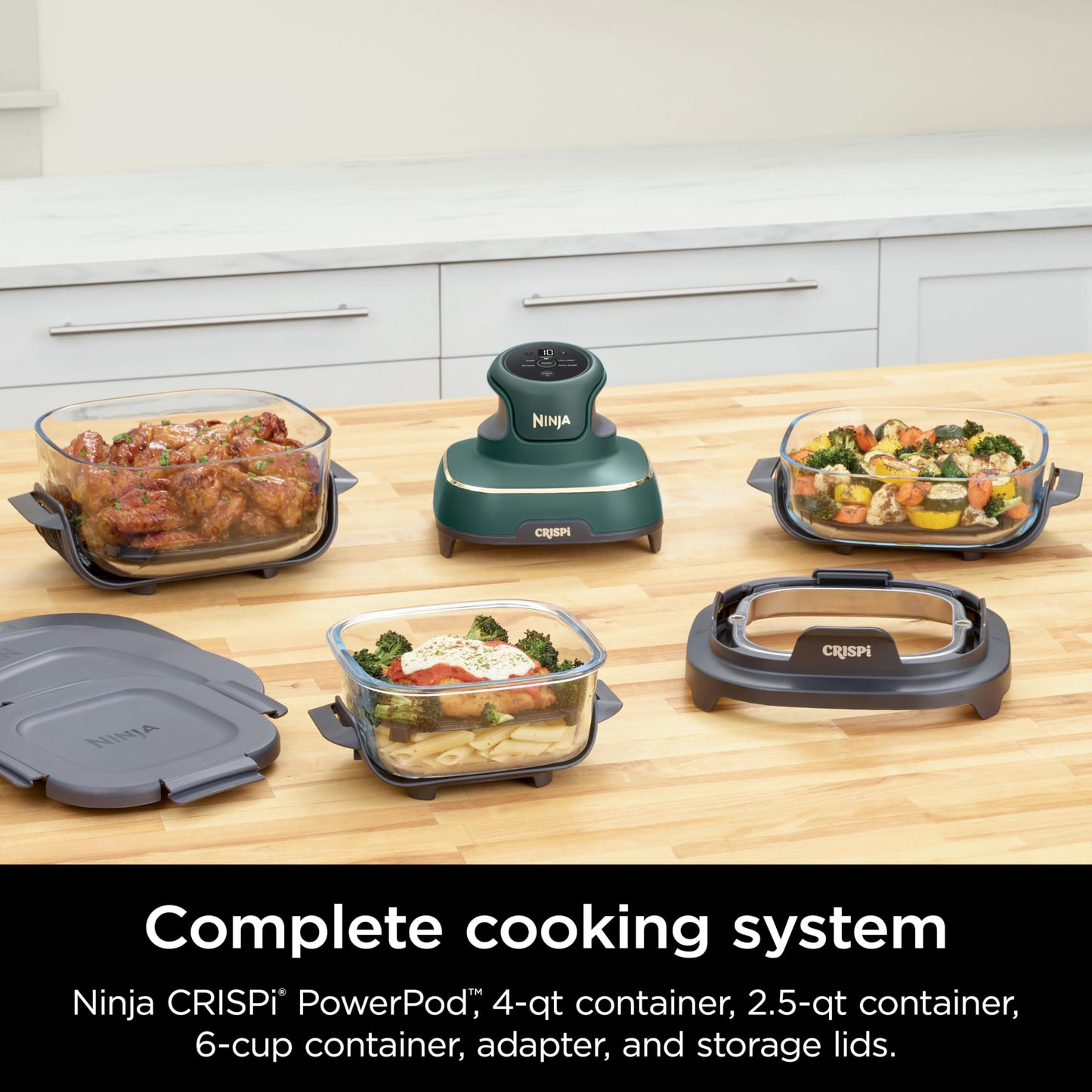 Ninja Crispi 5-in-1 Portable Glass Air Fryer, 4-QT, 2.5-QT & 6-Cup Glass Containers with Crisper Plates & Storage Lids, Microwave, Freezer & Dishwasher Safe, British Racing Green, FN103BF