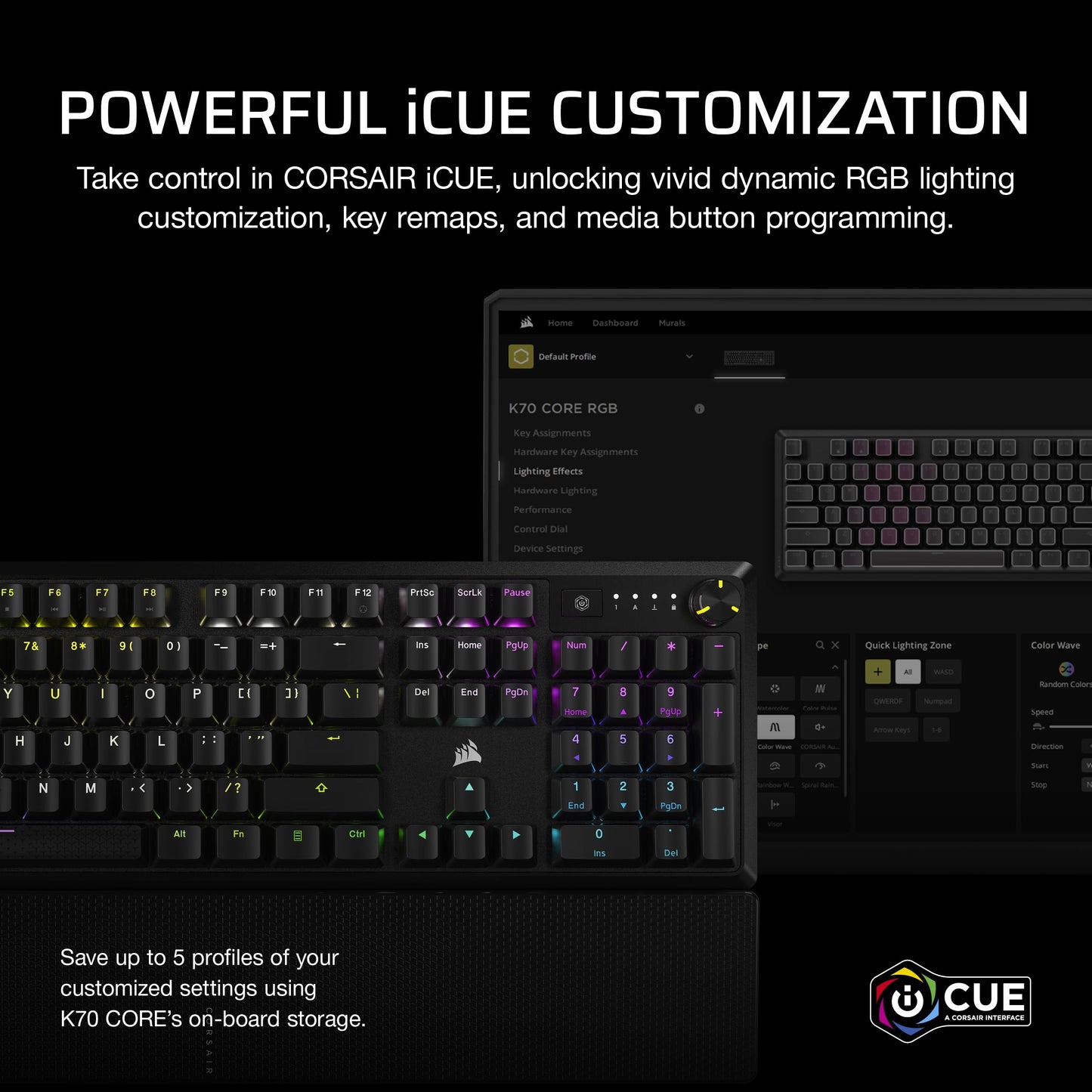 CORSAIR K70 CORE RGB Mechanical Wired Gaming Keyboard with Palmrest – Pre-Lubed MLX Red Linear Switches, SOCD, ABS Double-Shot Keycaps, Sound Dampening, Media Control Dial, QWERTY NA – Black