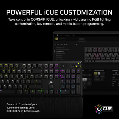 CORSAIR K70 CORE RGB Mechanical Wired Gaming Keyboard with Palmrest – Pre-Lubed MLX Red Linear Switches, SOCD, ABS Double-Shot Keycaps, Sound Dampening, Media Control Dial, QWERTY NA – Black