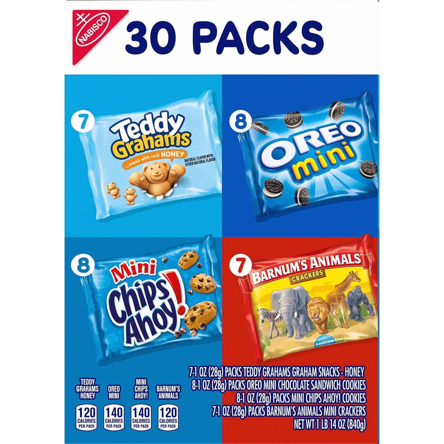 Nabisco Team Favorites Variety Pack, OREO Mini, CHIPS AHOY! Mini, Teddy Grahams Honey & Barnum's Animal Crackers, Christmas Stocking Stuffers, 30 Snack Packs