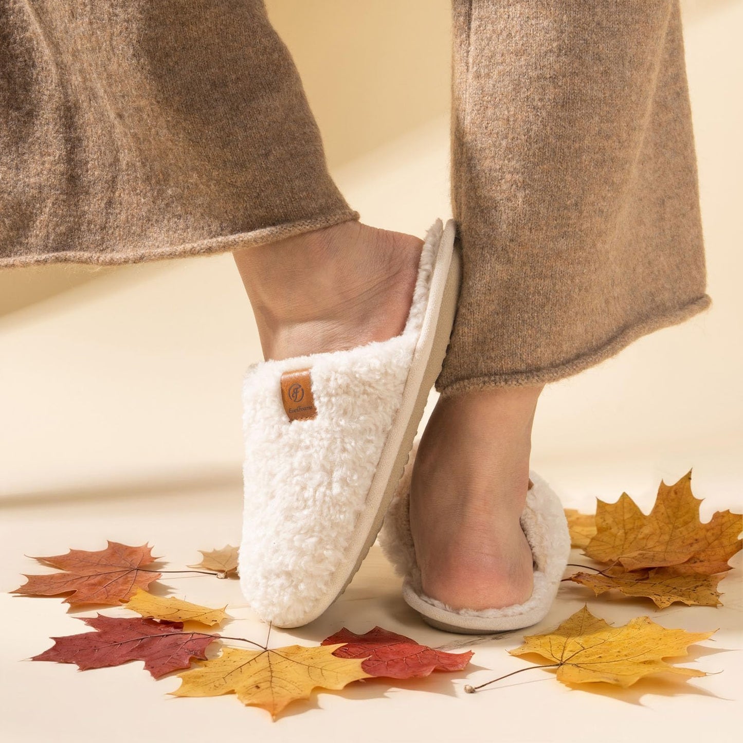 EverFoams Women's Fuzzy Slip-on Slippers Warm Cozy Soft Lightweight Memory Foam Indoor House Shoes Cream White, 7-8 US