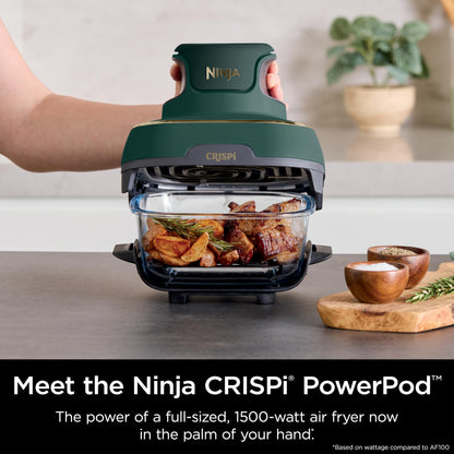Ninja Crispi 5-in-1 Portable Glass Air Fryer, 4-QT, 2.5-QT & 6-Cup Glass Containers with Crisper Plates & Storage Lids, Microwave, Freezer & Dishwasher Safe, British Racing Green, FN103BF
