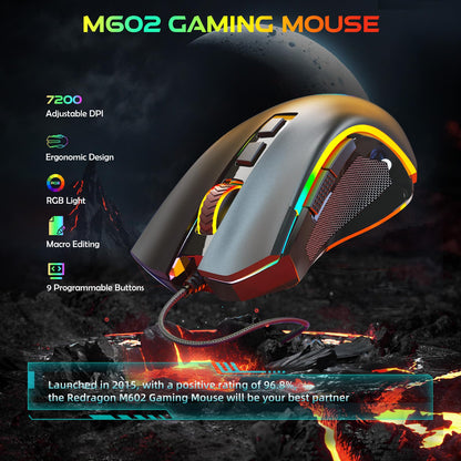 Redragon M602 Gaming Mouse, Ergonomic RGB Gaming Mouse Wired with 7200 Adjustable DPI, 9 Programmable Buttons, Professional Software for Gamer Office [Black]