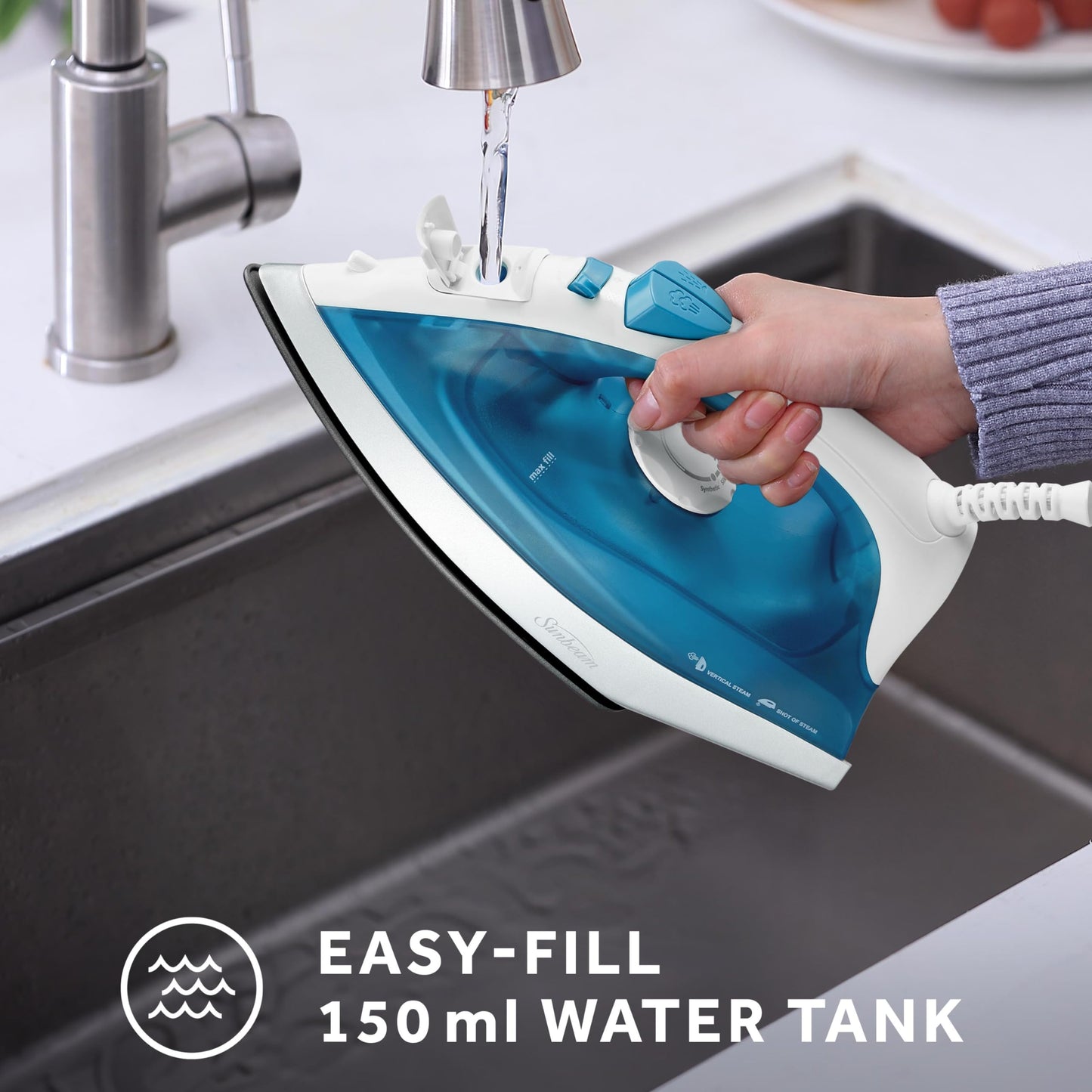 Sunbeam Compact Steam Iron, 1200 Watts, Non-Stick Soleplate, Powerful Shot of Steam, Horizontal or Vertical, Spray Mist, Precision Tip, White/Blue