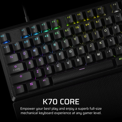 CORSAIR K70 CORE RGB Mechanical Wired Gaming Keyboard with Palmrest – Pre-Lubed MLX Red Linear Switches, SOCD, ABS Double-Shot Keycaps, Sound Dampening, Media Control Dial, QWERTY NA – Black