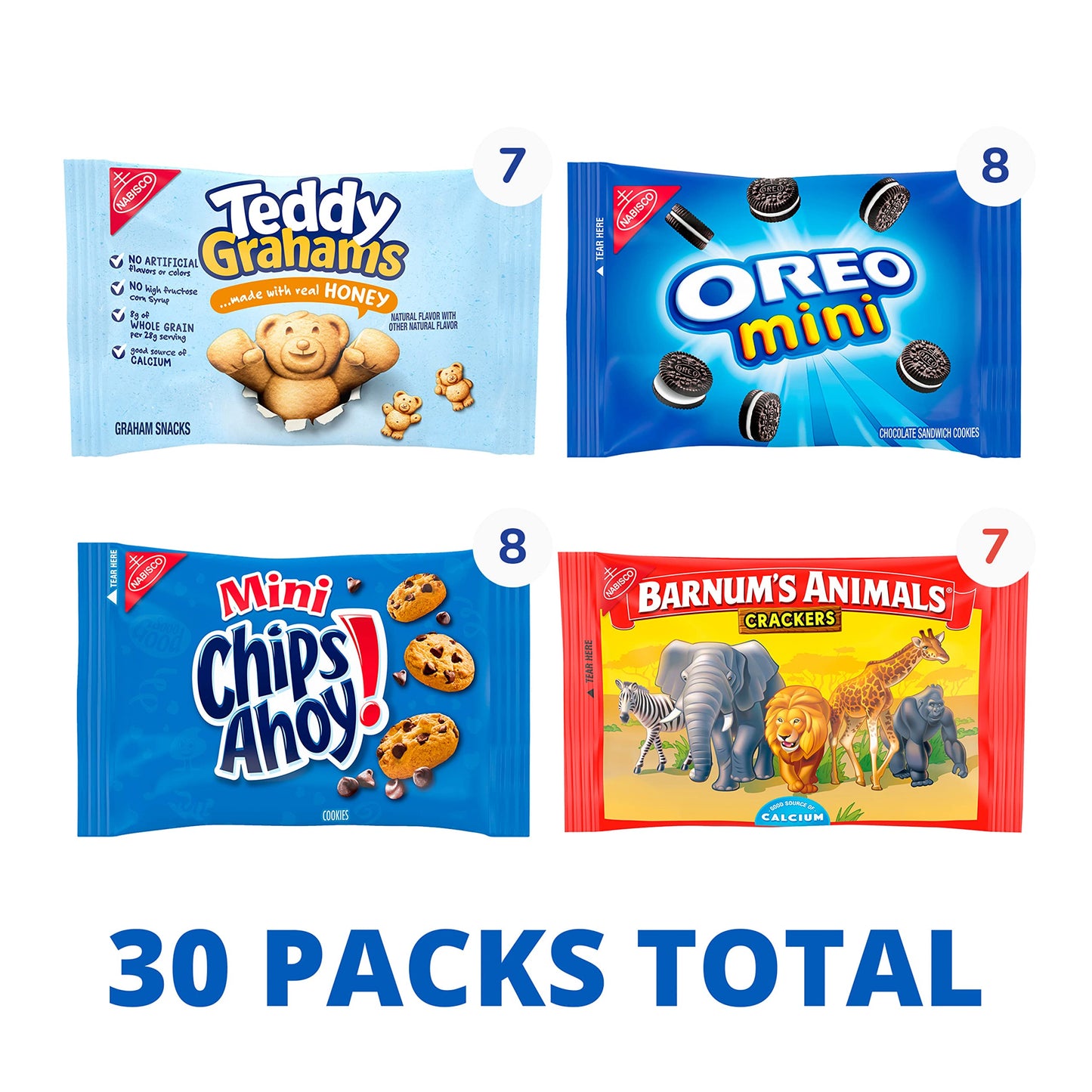 Nabisco Team Favorites Variety Pack, OREO Mini, CHIPS AHOY! Mini, Teddy Grahams Honey & Barnum's Animal Crackers, Christmas Stocking Stuffers, 30 Snack Packs