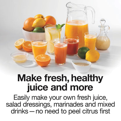 Proctor Silex Electric Citrus Juicer Machine, Large 34 oz. Pitcher, Pressure Activated, 2 Reamers for Big and Small Fruit, Pulp Control, for Orange, Lemon, Grapefruit Juice, White & Green (66340)