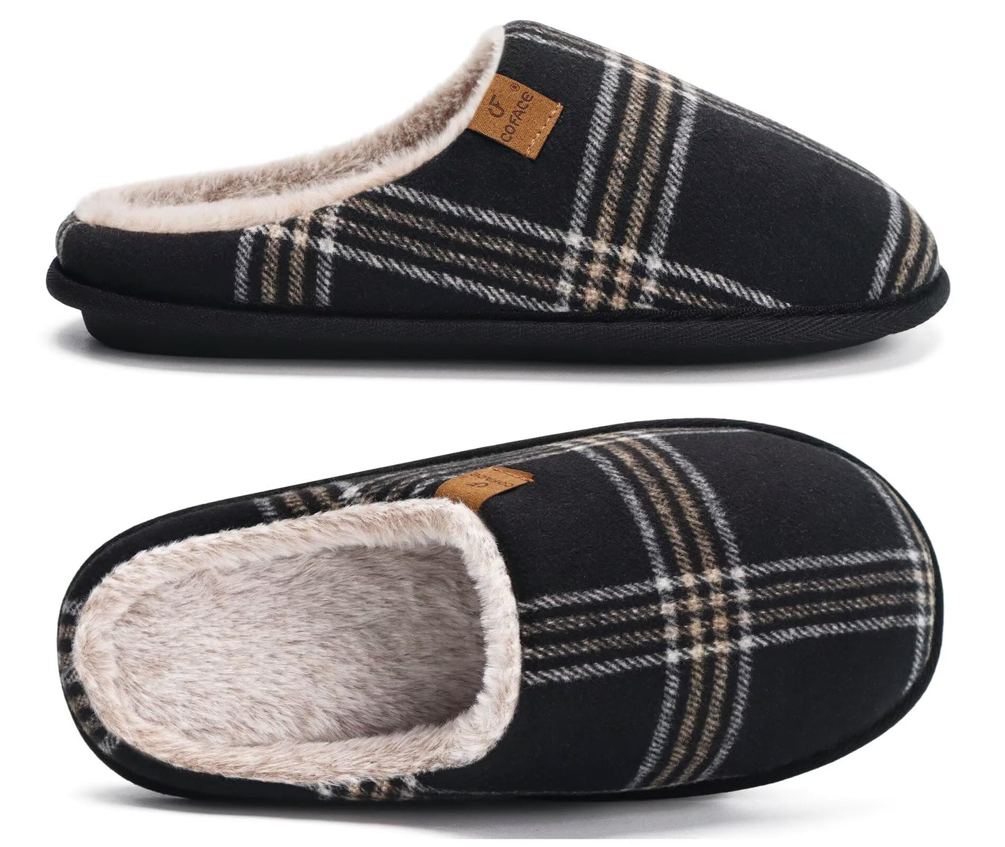 COFACE Mens Black Flano Plaid Cozy Memory Foam scuff Slippers Slip On Warm House Shoes Indoor/Outdoor With Best Arch Support Size 11