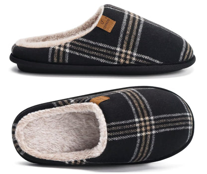 COFACE Mens Black Flano Plaid Cozy Memory Foam scuff Slippers Slip On Warm House Shoes Indoor/Outdoor With Best Arch Support Size 11