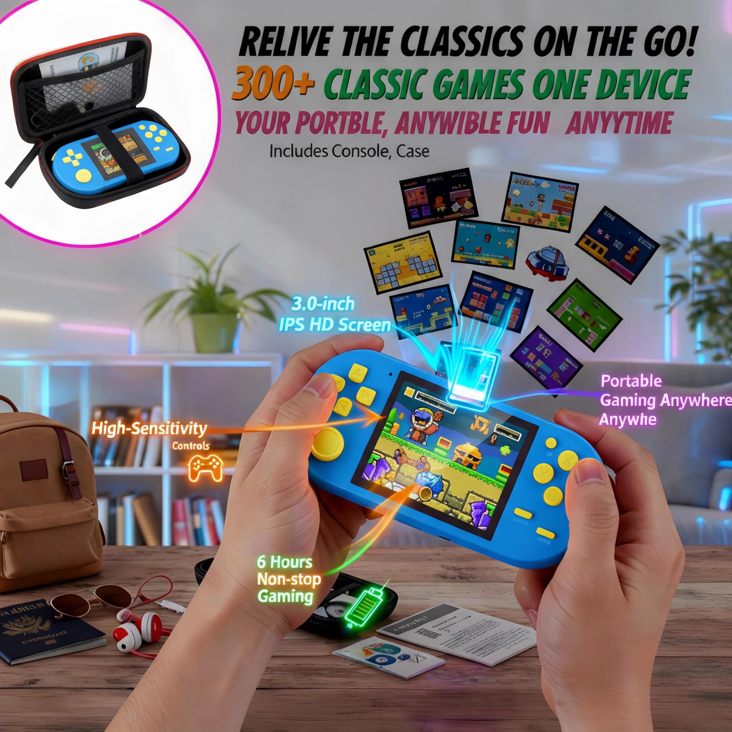 16-Bit Handheld Game Console - 3 Inch HD Screen 300-in-1 Retro Games - Portable Classic Video Game Player for Kids & Adults, Include Protective Carrying Case (Blue)