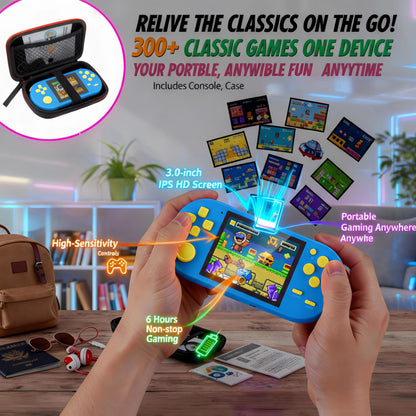 16-Bit Handheld Game Console - 3 Inch HD Screen 300-in-1 Retro Games - Portable Classic Video Game Player for Kids & Adults, Include Protective Carrying Case (Blue)