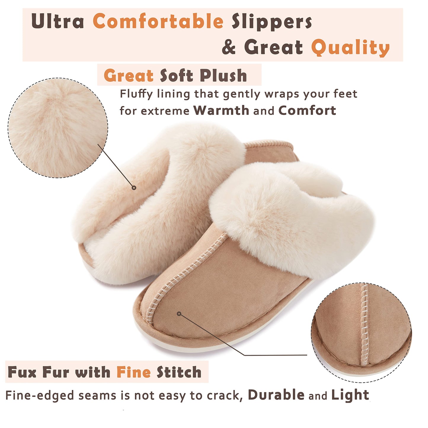 Donpapa Womens Slipper with Memory Foam Fluffy Soft Warm Slip On House Slippers Anti-Skid Cozy Plush for Indoor Outdoor Tan Large