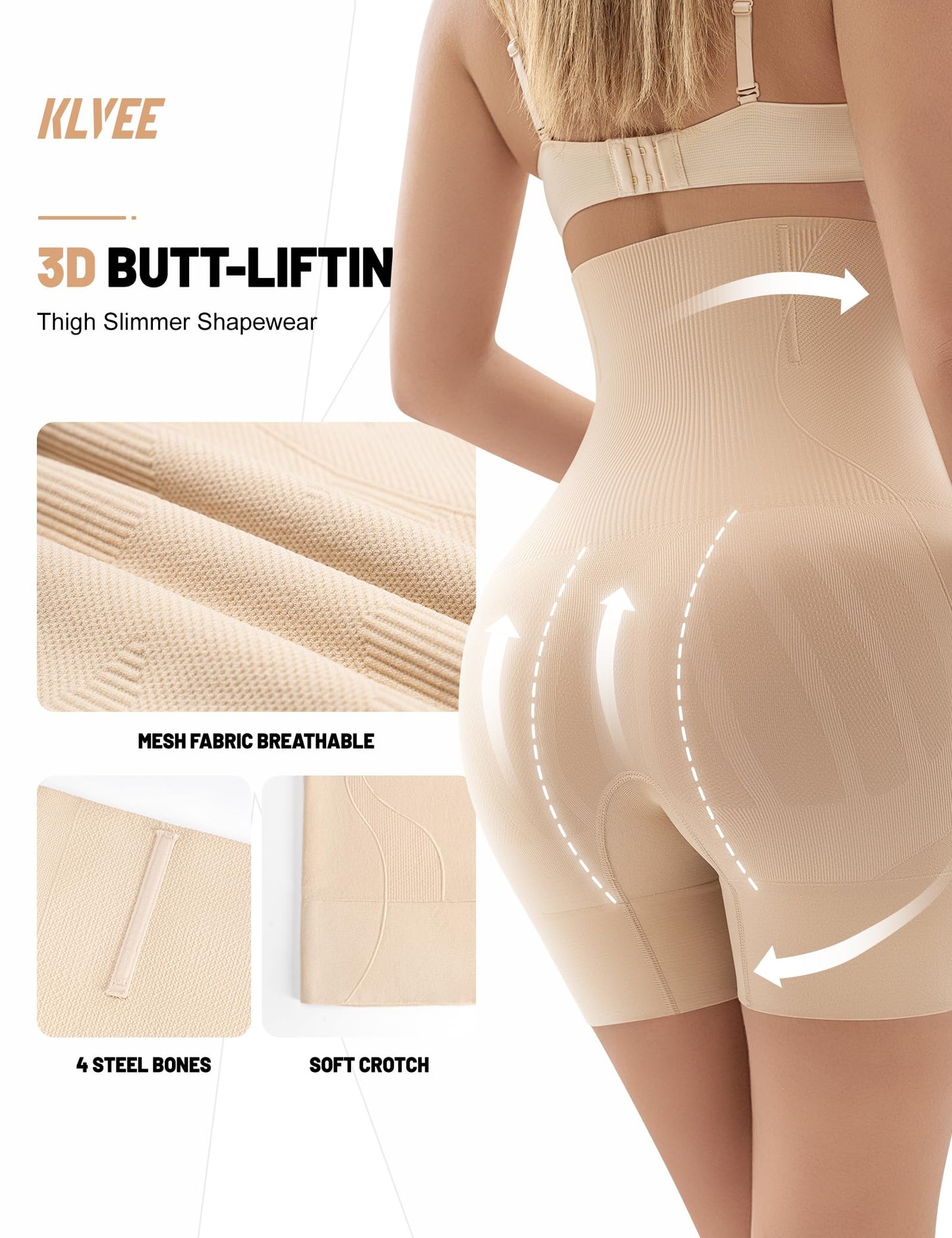 KLVEE Shapewear for Women Tummy Control, High Waisted Body Shaper Shorts Butt Lifting Panties Thigh Slimmer Shapewear Under Dress Nude