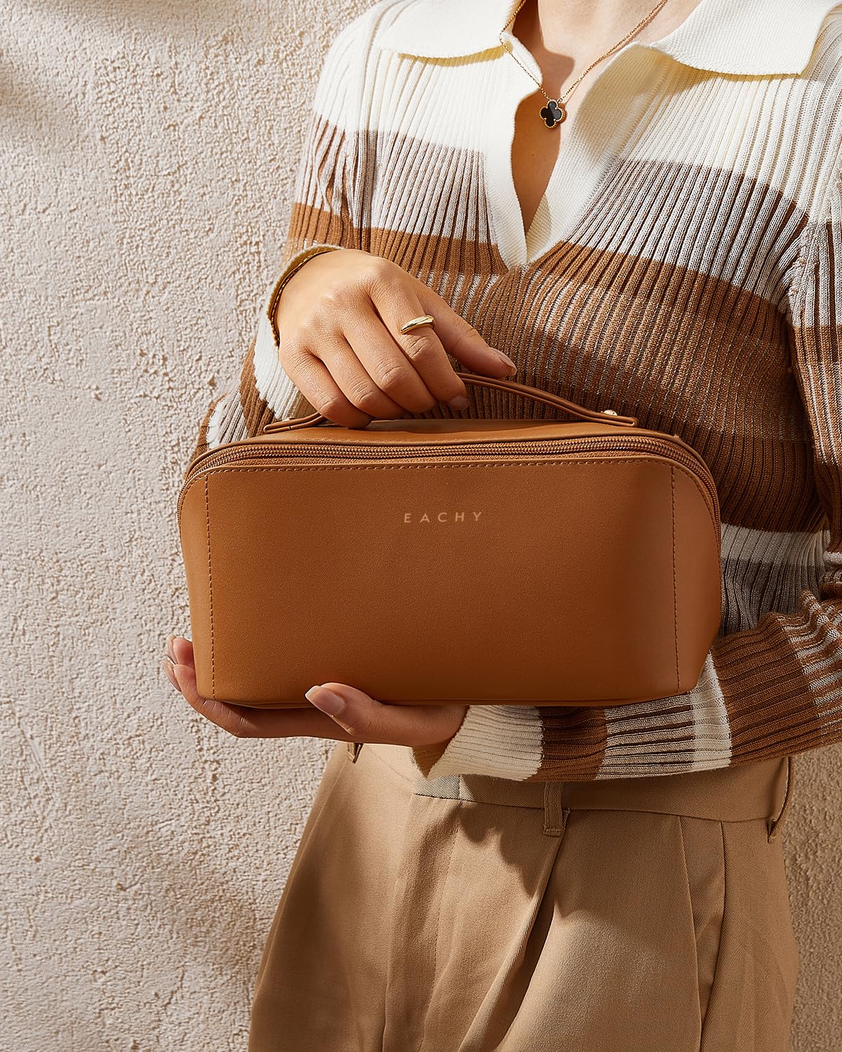 EACHY Travel Makeup Bag,Large Capacity Cosmetic Bags for Women,Waterproof Portable Pouch Open Flat Toiletry Bag Make up Bag with Divider and Handle, Gifts for Women (Brown, Medium)