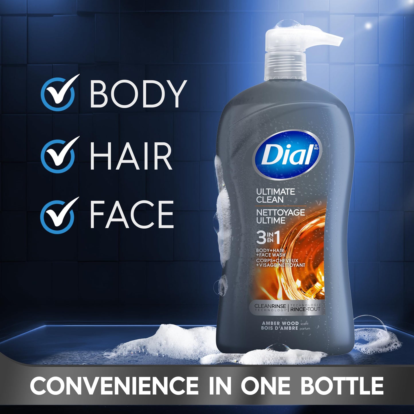 Dial Men 3in1 Body, Hair and Face Wash, Ultimate Clean, 32 Fl Oz