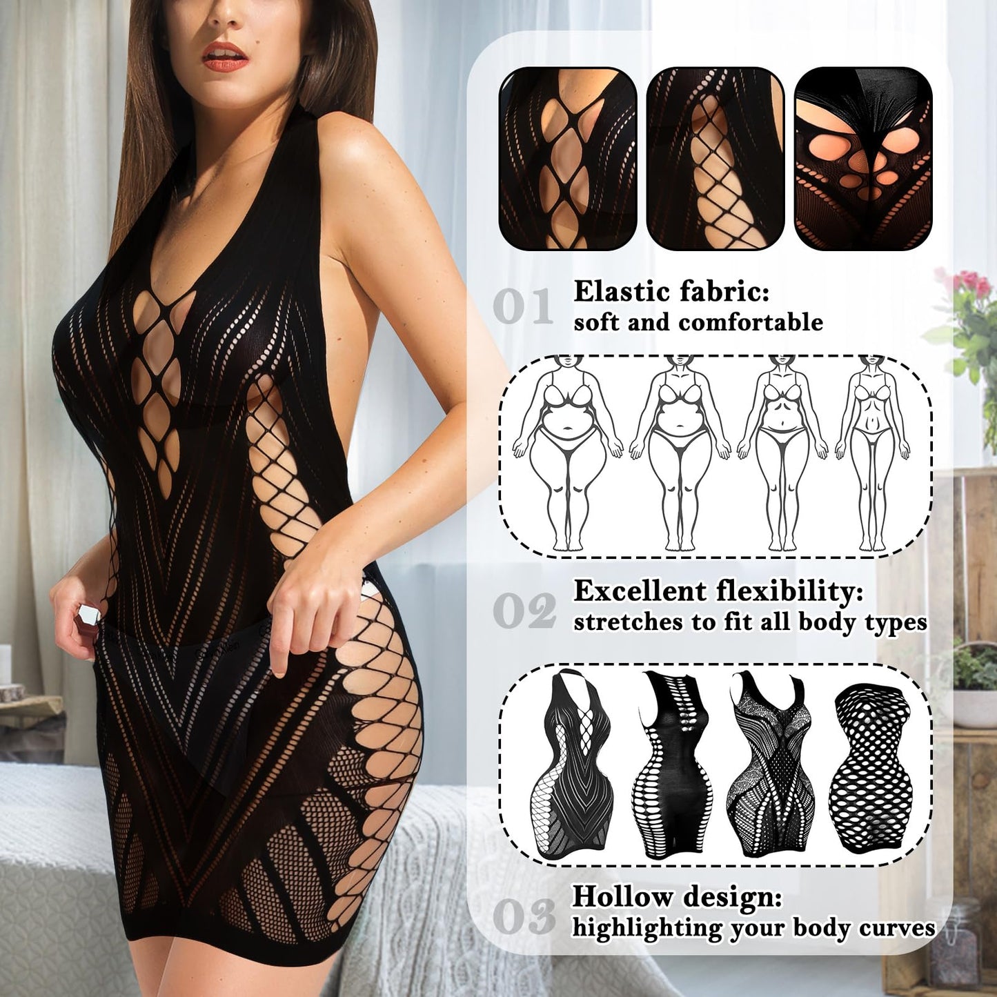selizo 8 Pack Fishnet Dress for Women, Black Fish Net Lingerie Bodysuit Chemise Nighty Women's Mesh Lace Dress, One Size Fits All