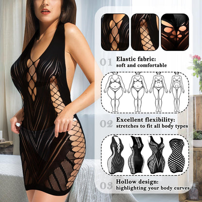 selizo 8 Pack Fishnet Dress for Women, Black Fish Net Lingerie Bodysuit Chemise Nighty Women's Mesh Lace Dress, One Size Fits All