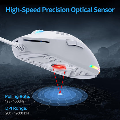 TMKB Falcon M1SE Ultralight Honeycomb Gaming Mouse, High-Precision 12800DPI Optical Sensor, 6 Programmable Buttons, Customizable RGB, Drag-Free Paracord, Ergonomic, Wired - Matte White