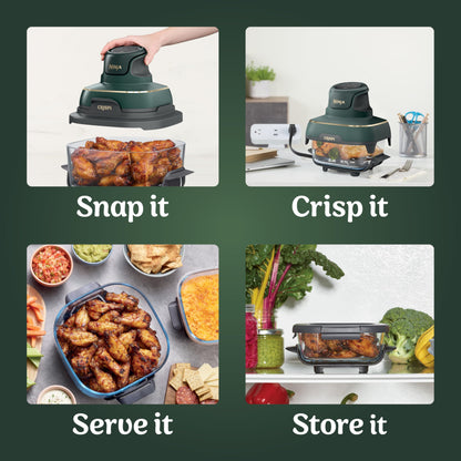 Ninja Crispi 5-in-1 Portable Glass Air Fryer, 4-QT, 2.5-QT & 6-Cup Glass Containers with Crisper Plates & Storage Lids, Microwave, Freezer & Dishwasher Safe, British Racing Green, FN103BF