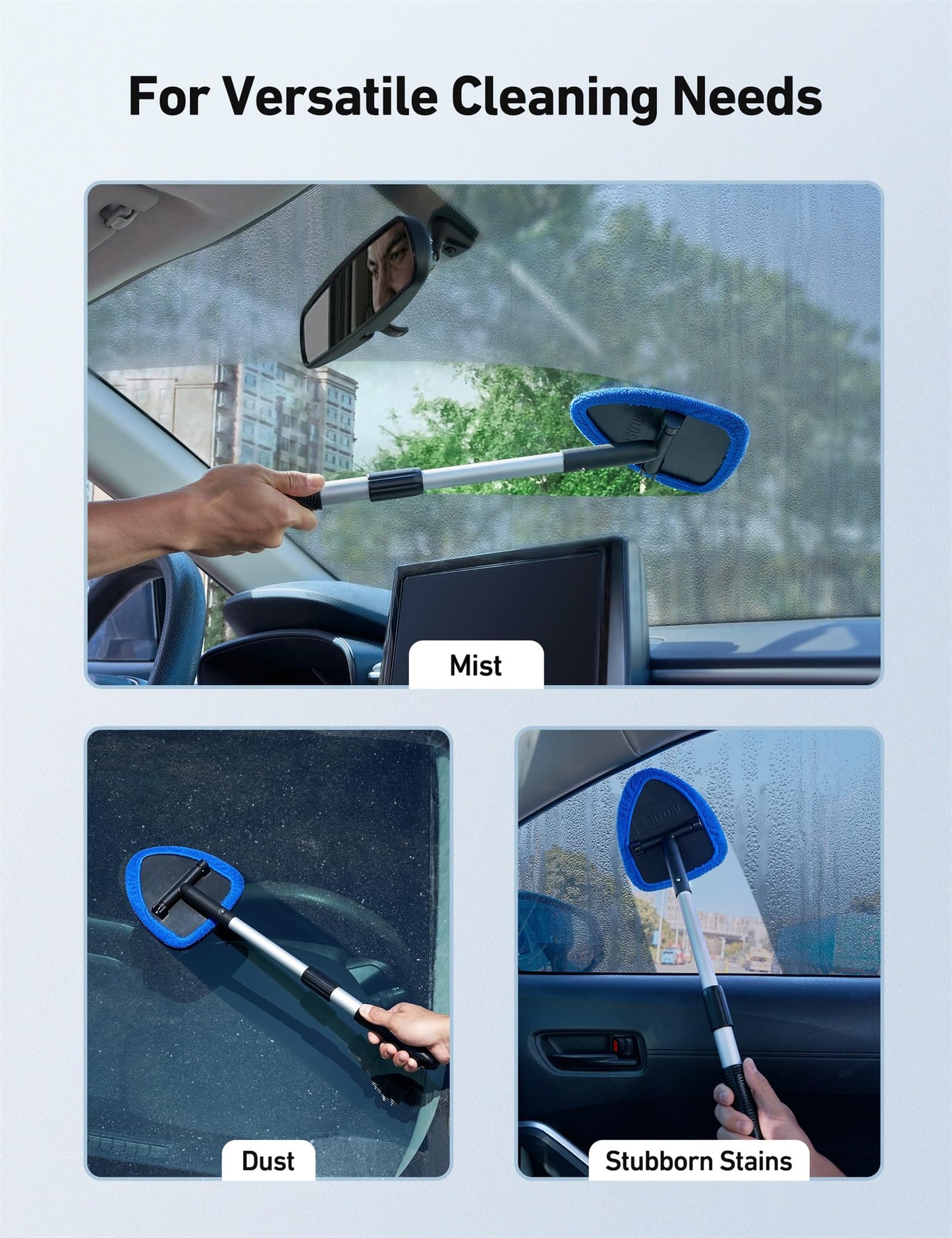 AstroAI Windshield Cleaner Tool, Car Interior Detailing Cleaning Kit with Extendable Handle and 4 Upgraded High-Density Reusable Microfiber Pads, Auto Glass Wiper Brush Kit for Cars, Blue, 15.9in-21in