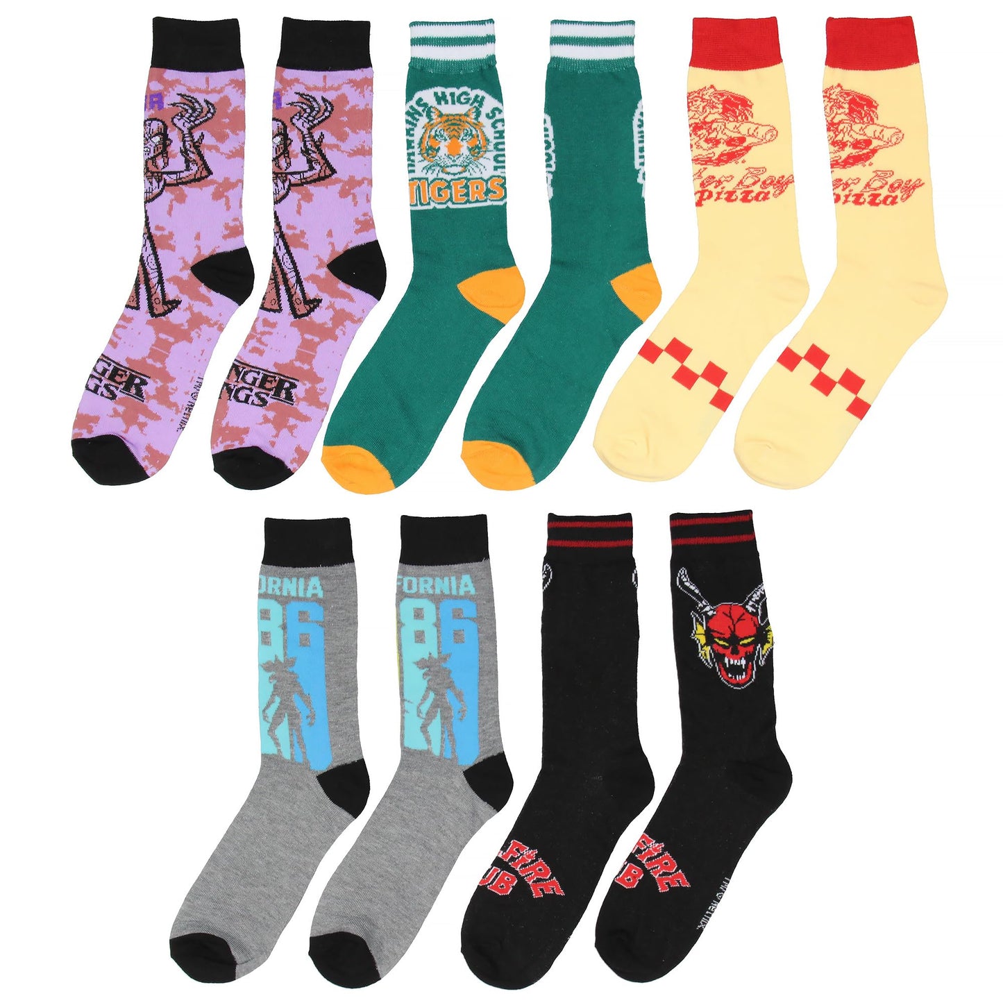 Bioworld Stranger Things Crew Socks 5 Pairs, Hellfire Club Surfer Boy Pizza Vecna Hawkins High School Mid-Calf Crew Socks For Men Women 5 Pack