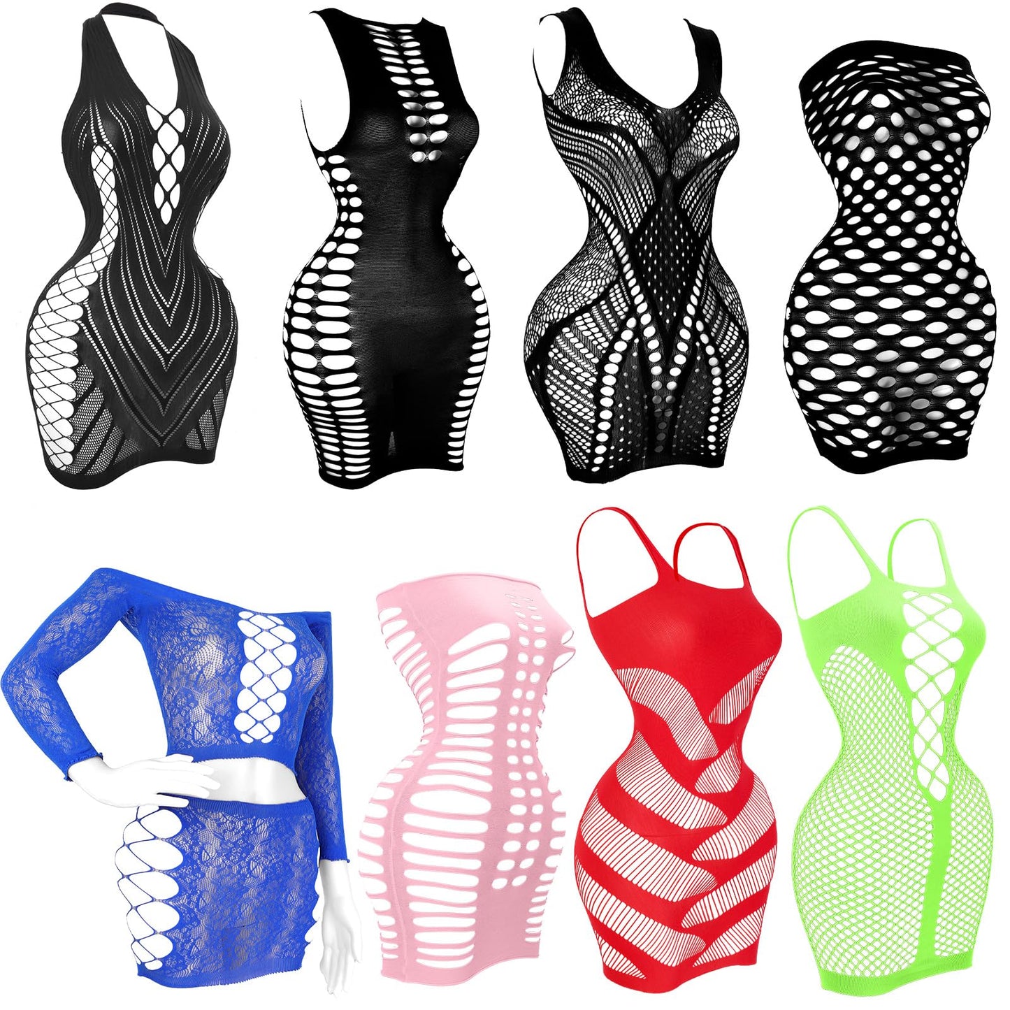 selizo 8 Pack Fishnet Dress for Women, Black Fish Net Lingerie Bodysuit Chemise Nighty Women's Mesh Lace Dress, One Size Fits All
