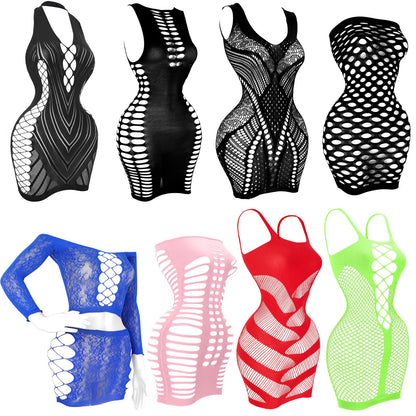 selizo 8 Pack Fishnet Dress for Women, Black Fish Net Lingerie Bodysuit Chemise Nighty Women's Mesh Lace Dress, One Size Fits All