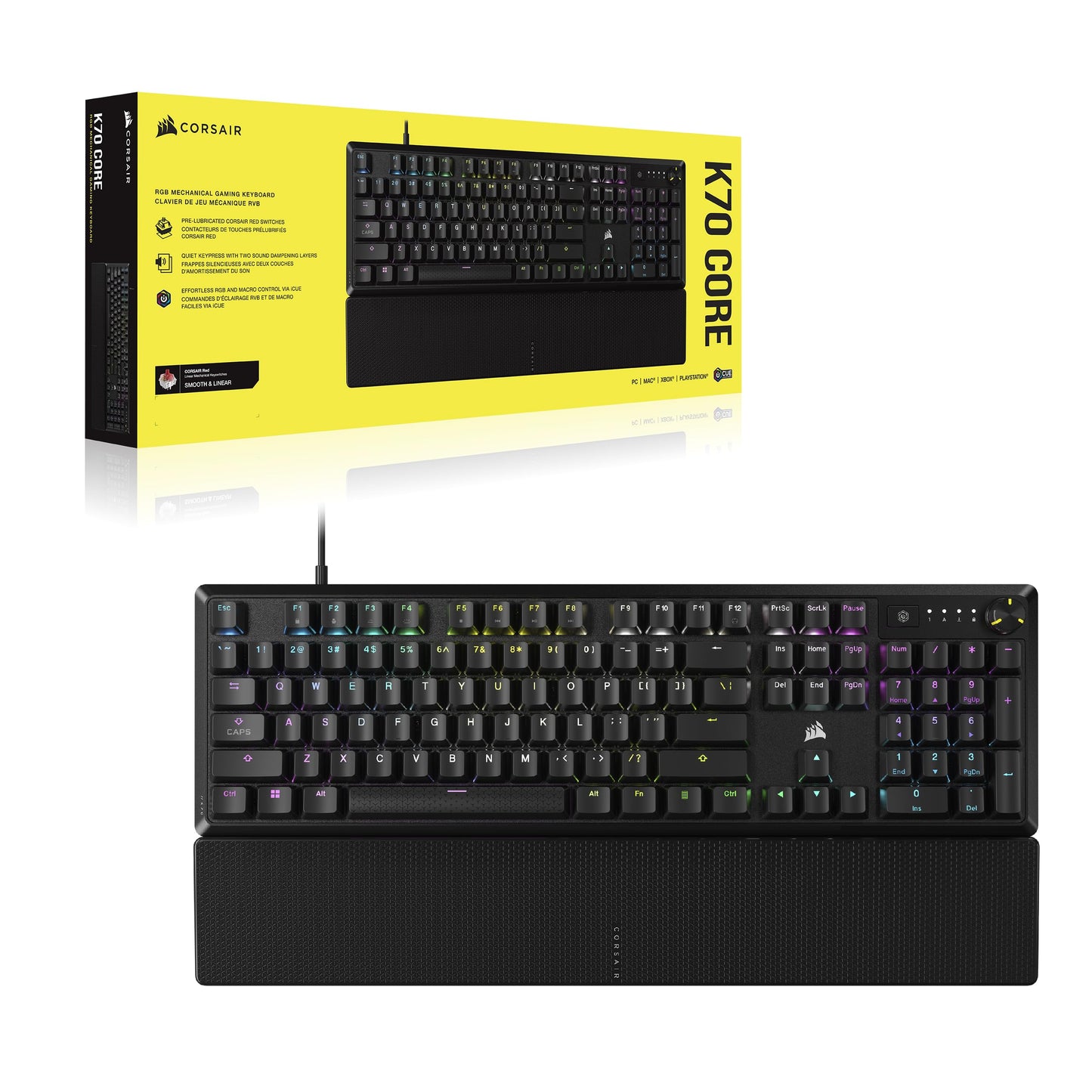 CORSAIR K70 CORE RGB Mechanical Wired Gaming Keyboard with Palmrest – Pre-Lubed MLX Red Linear Switches, SOCD, ABS Double-Shot Keycaps, Sound Dampening, Media Control Dial, QWERTY NA – Black