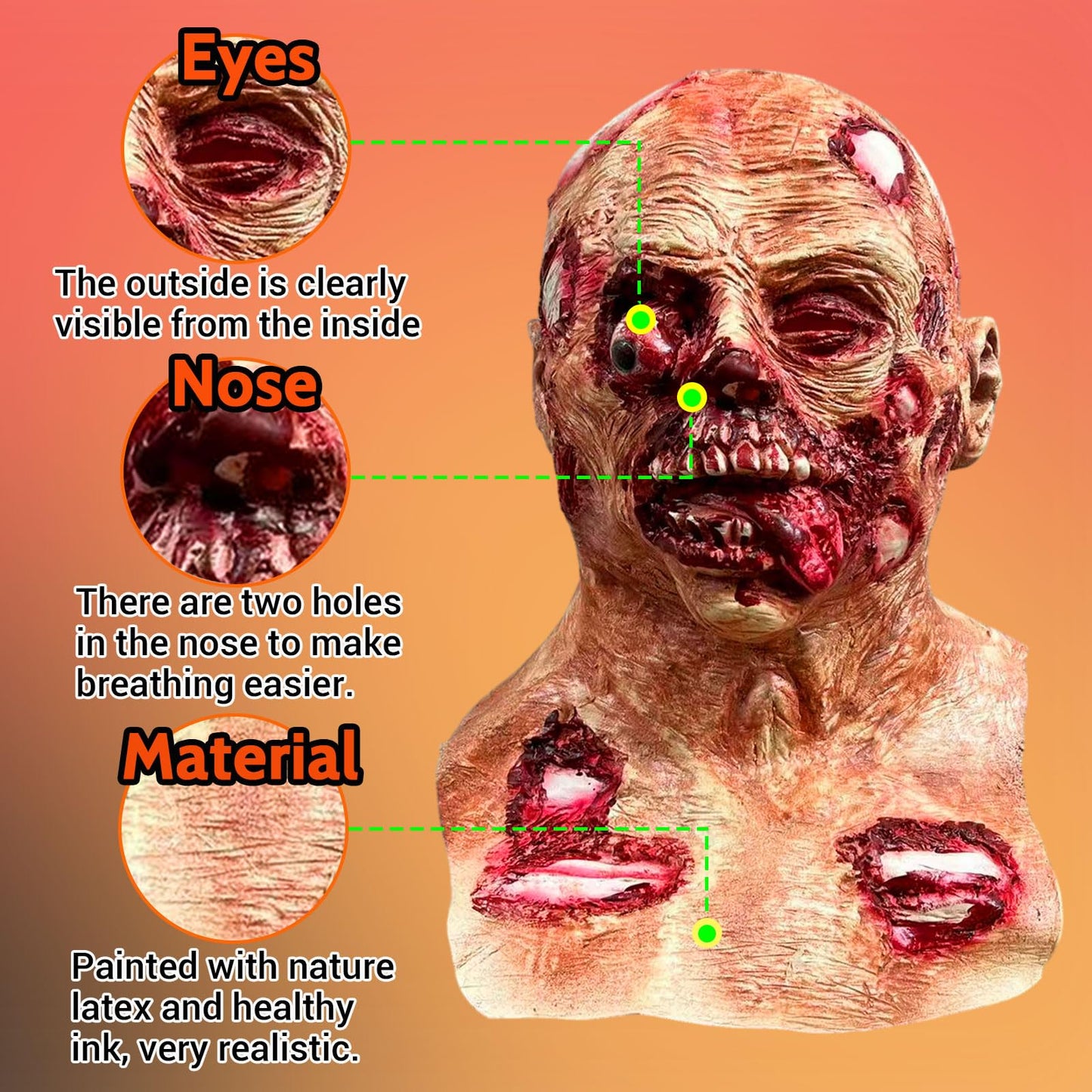 Dinwenddey Halloween Scary Zombie Head Masks with Long Tongue, Creepy Monster Face Masks for Cosplay Decor Party Props