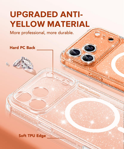 BERFY for iPhone 17 Pro Max Case for Women, Compatible with MagSafe, Clear Glitter Shockproof Protective Case, Anti-Yellowing, with Screen Protector & 3 Diamond Camera Lens Covers 6.9", Sparkle Clear