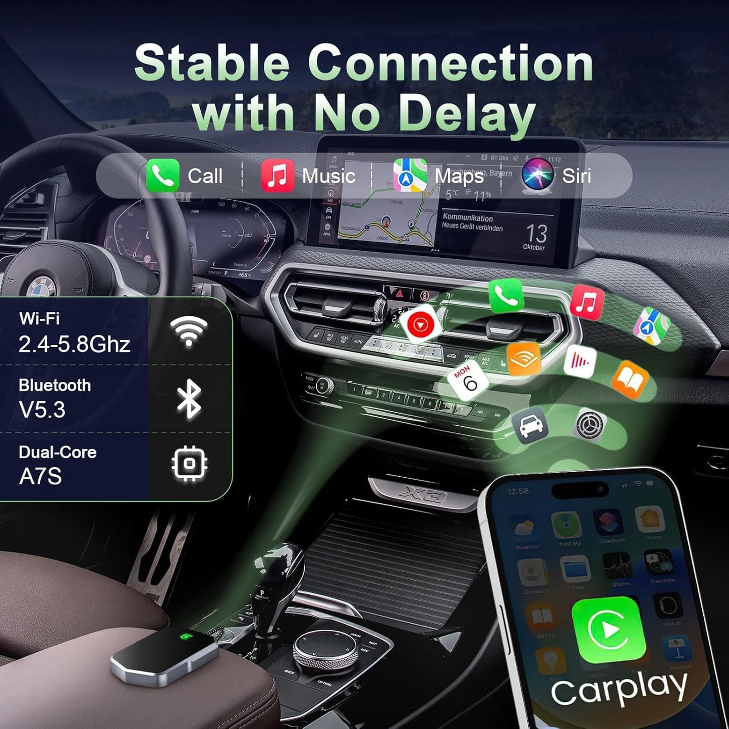 Wireless Carplay Adapter, Converts Wired to Wireless carplay Adapter for iPhone, Wireless Control Plug & Play Carplay for Cars from 2017 & for Apple iPhone iOS 10+