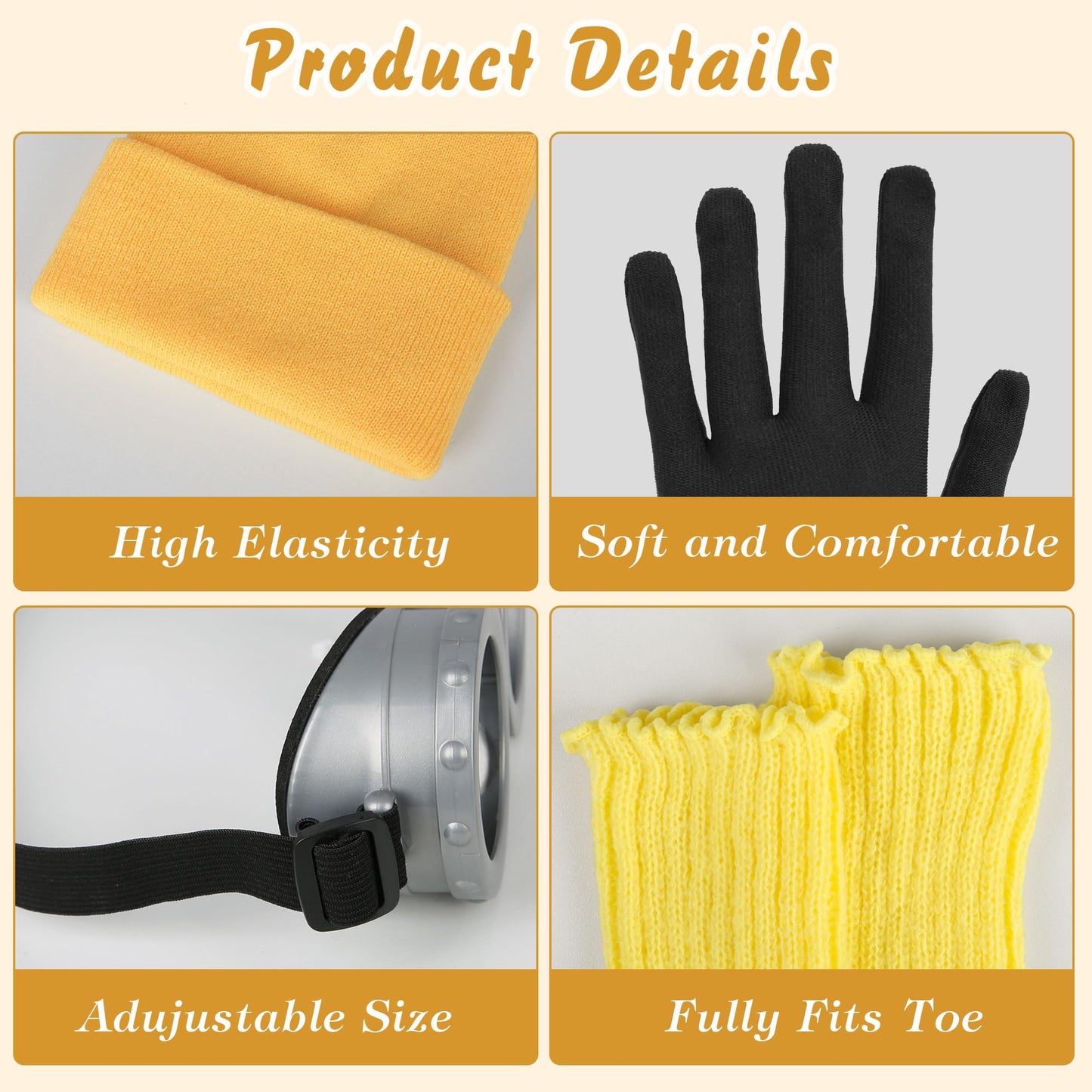 Tinyones 6 Pcs Women's Halloween Costume Accessories Set, Goggles/Yellow Beanie/Blue Dress/Blue Suspenders/Gloves/Yellow Stockings