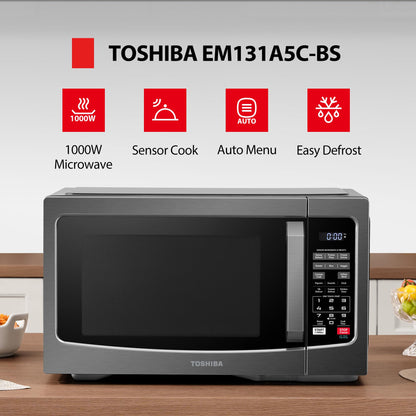 TOSHIBA EM131A5C-BS Countertop Microwave Ovens 1.2 Cu Ft, 12.4" Removable Turntable Smart Humidity Sensor 12 Auto Menus Mute Function ECO Mode Easy Clean Interior Black Color 1000W