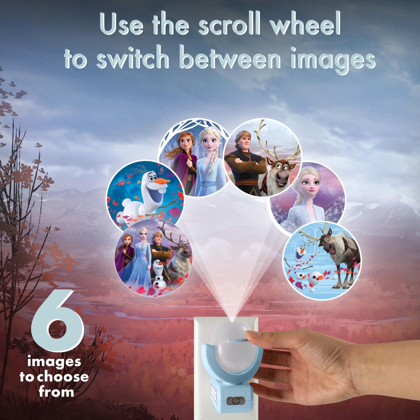 Projectables Disney Frozen 2 LED Projector Night Light, Plug-In, Dusk-to-Dawn, Elsa, Anna, and Olaf, Ideal for Hallway, Bedroom, Nursery, or Playroom – 45028