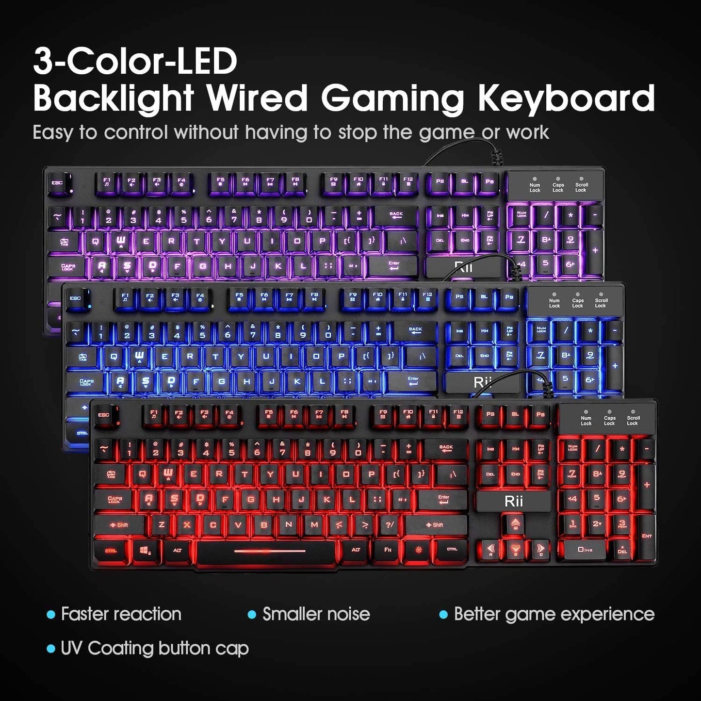 Rii Gaming Keyboard and Mouse Set, 3-LED Backlit Mechanical Feel Business Office Keyboard, Colorful Breathing Backlit Mouse for Working or Primer Gaming, Office Device (RK108)