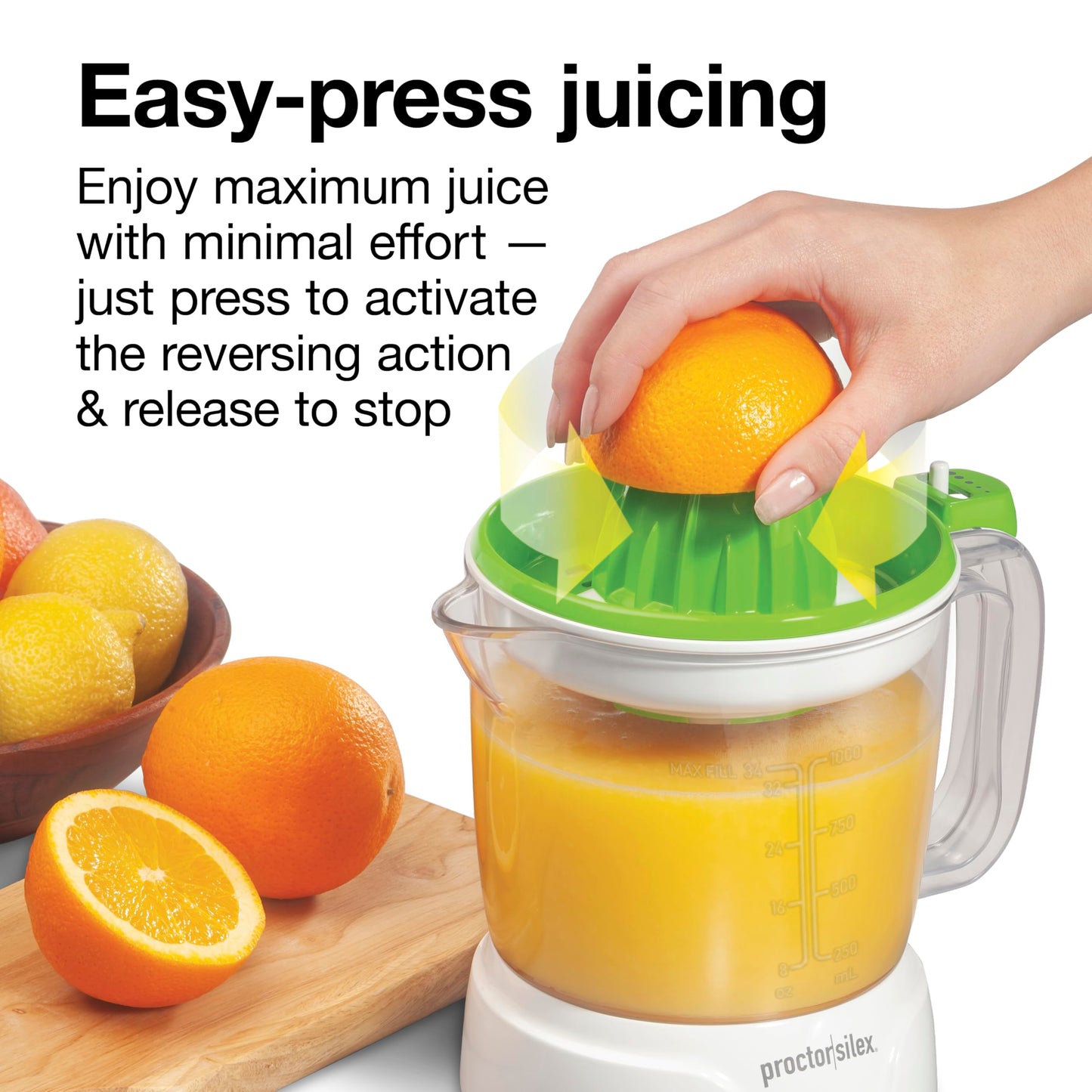 Proctor Silex Electric Citrus Juicer Machine, Large 34 oz. Pitcher, Pressure Activated, 2 Reamers for Big and Small Fruit, Pulp Control, for Orange, Lemon, Grapefruit Juice, White & Green (66340)