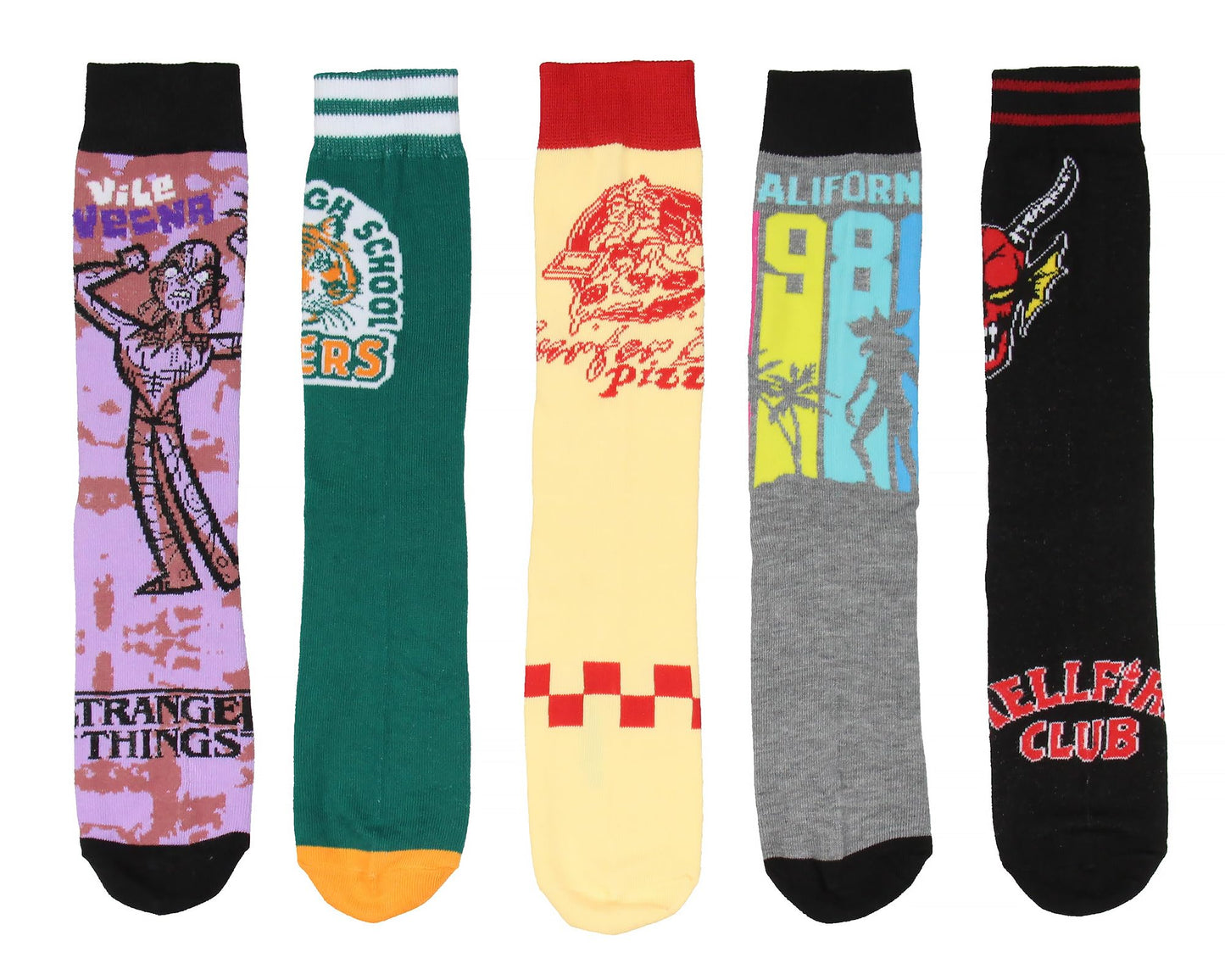 Bioworld Stranger Things Crew Socks 5 Pairs, Hellfire Club Surfer Boy Pizza Vecna Hawkins High School Mid-Calf Crew Socks For Men Women 5 Pack