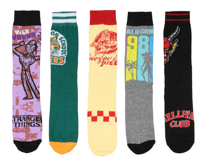 Bioworld Stranger Things Crew Socks 5 Pairs, Hellfire Club Surfer Boy Pizza Vecna Hawkins High School Mid-Calf Crew Socks For Men Women 5 Pack
