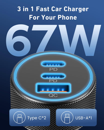 USB C Car Charger, 3-Port 67W Dual USB-C & USB-A Car Power Adapter PD/QC Fast Charging Cigarette Lighter for iPhone 17/16/15/14/13/12/11 Pro Max, iPad, Samsung Galaxy S25 S24/S23/S22, Pixel, Android