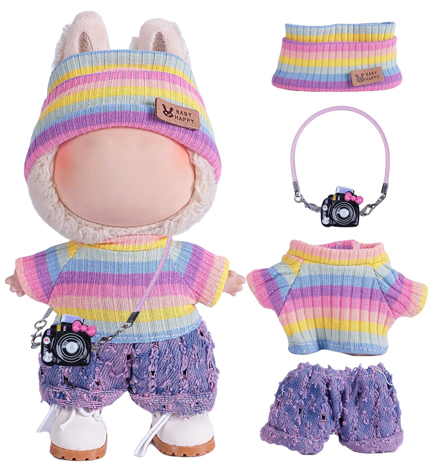 4pcs Handcrafted 15cm/17cm Doll Clothes Set for Labubu (No Doll), Cute and Premium Outfits Accessories, Hand Crocheted Hat, Sweaters, Skirt, Bag (Rainbow) AK052