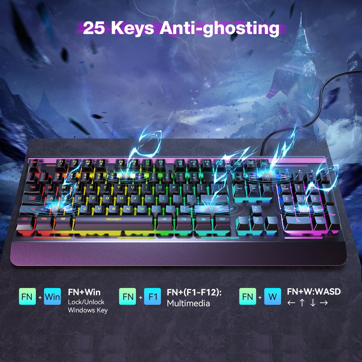 TECKNET Gaming Keyboard, 15-Zone RGB Illumination, All-Metal Panel Keyboard, IP32 Waterproof, 25 Anti-Ghosting, Quiet Typing, USB Wired Ergonomic Keyboard for Windows XP/Vista/7/8/10/11