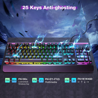 TECKNET Gaming Keyboard, 15-Zone RGB Illumination, All-Metal Panel Keyboard, IP32 Waterproof, 25 Anti-Ghosting, Quiet Typing, USB Wired Ergonomic Keyboard for Windows XP/Vista/7/8/10/11