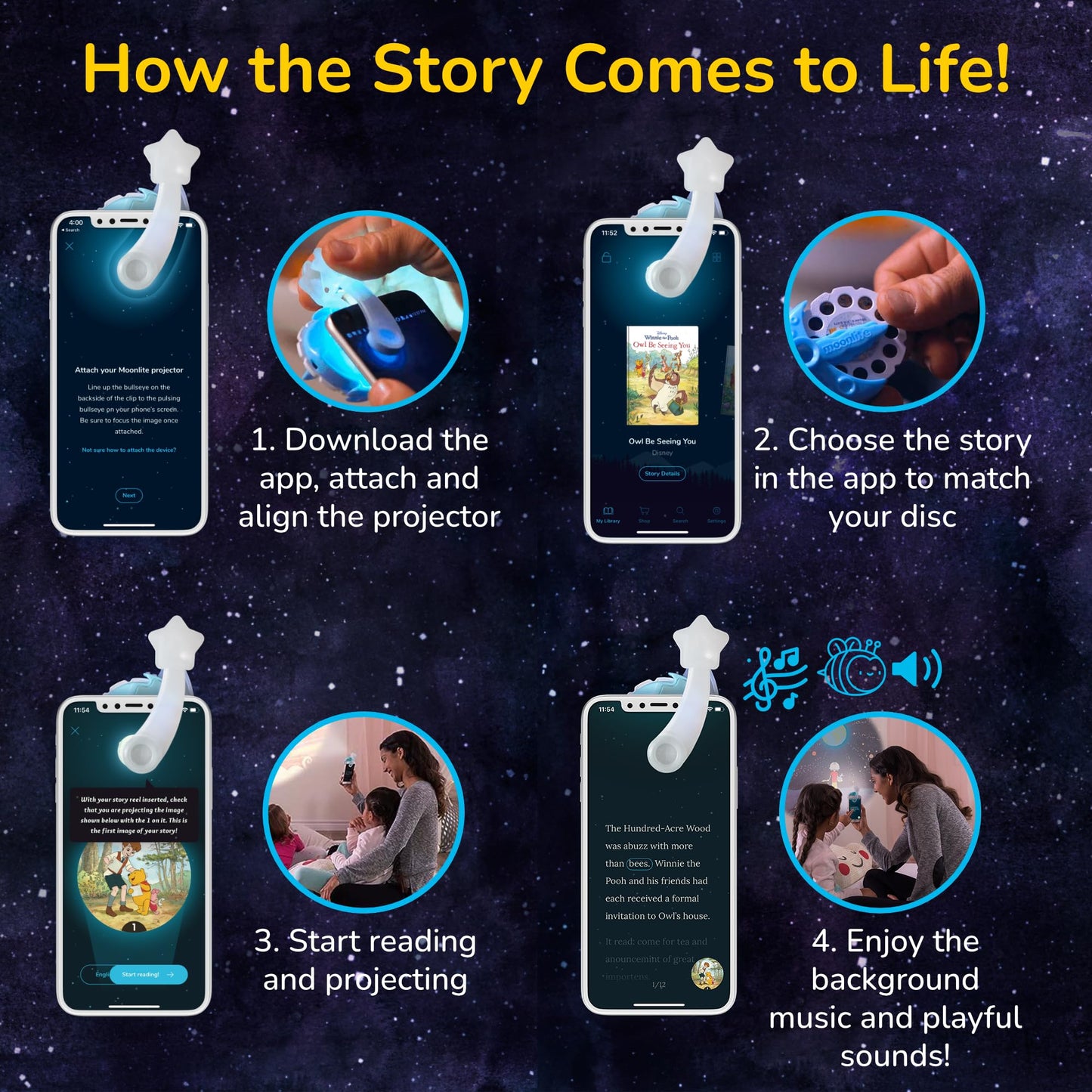 Moonlite Storytime Projector, Magical Bedtime Kids Book Projector for Immersive Reading Experience, Smartphone Compatible Storybook Projector, Interactive Learning Fun for Kids