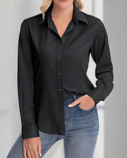 siliteelon Womens Classic-Fit Dress Shirts Long Sleeve Button Down Wrinkle-Free Stretch Solid Casual Work Office Blouse Top Black Large