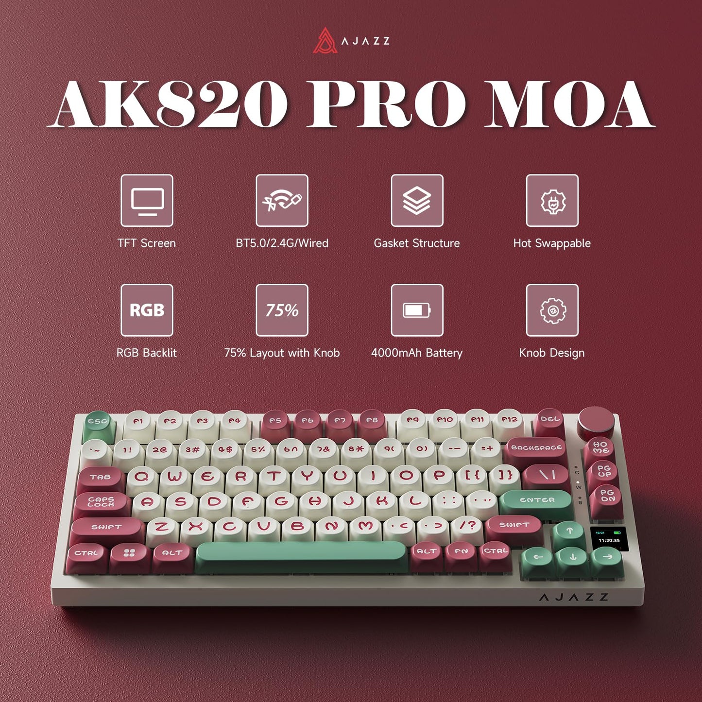 AJAZZ AK820PRO 75% Hot Swap Gasket Mount Mechanical Keyboard with TFT Display Screen, 4000mAh BT/2.4G/Wired RGB South Facing LED, MOA Profile Keycaps & Knob Control Flying Fish Switch