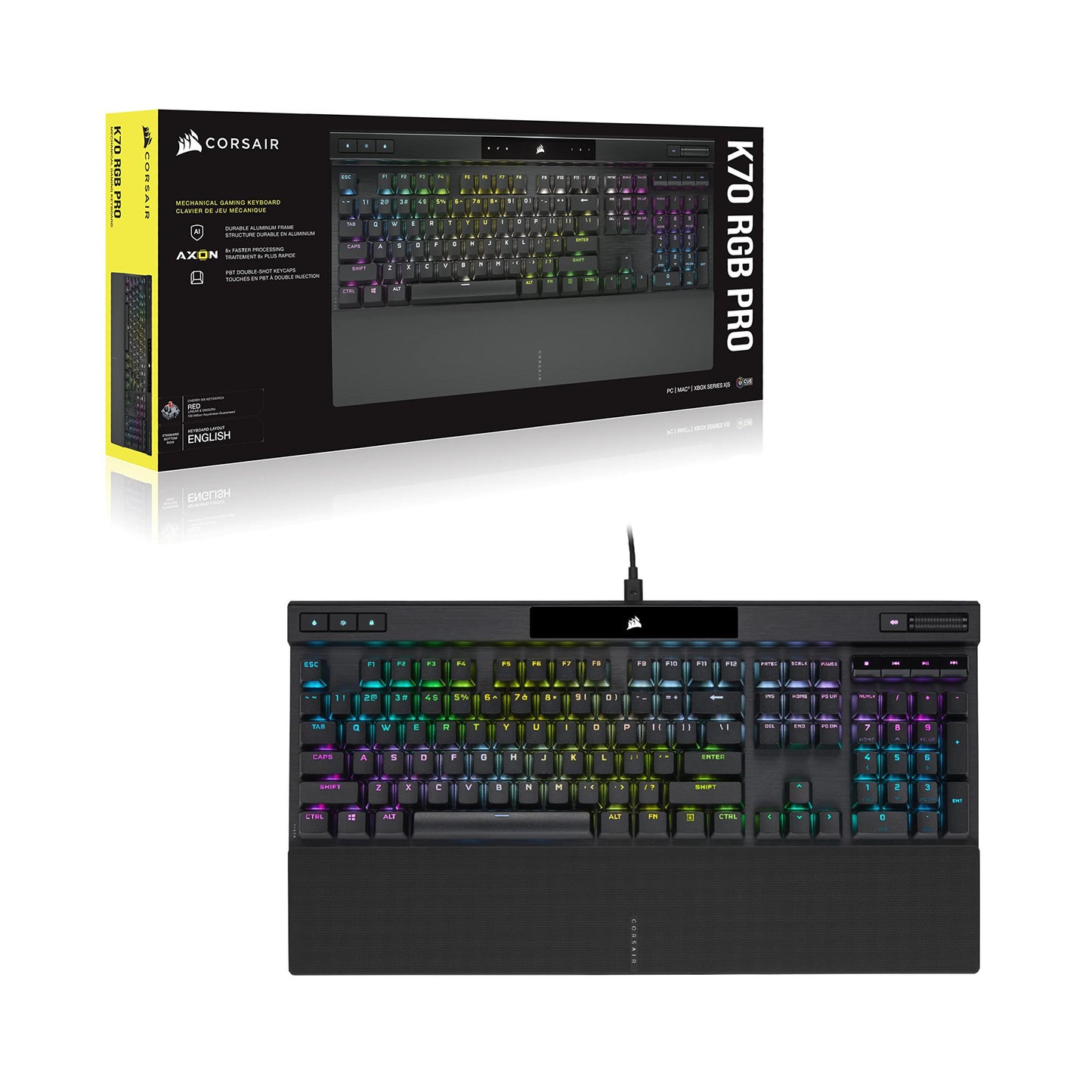 CORSAIR K70 RGB PRO Mechanical Wired Gaming Keyboard – Cherry MX Red Linear Switches, SOCD, PBT Double-Shot Keycaps, 8000Hz Hyper-Polling, NKRO, Anti-Ghosting, Tournament Switch, QWERTY NA – Black