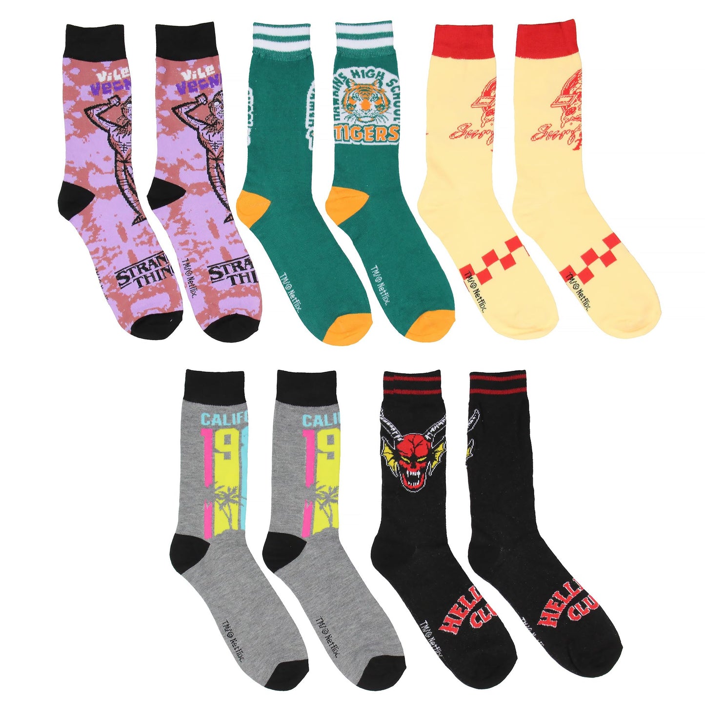 Bioworld Stranger Things Crew Socks 5 Pairs, Hellfire Club Surfer Boy Pizza Vecna Hawkins High School Mid-Calf Crew Socks For Men Women 5 Pack