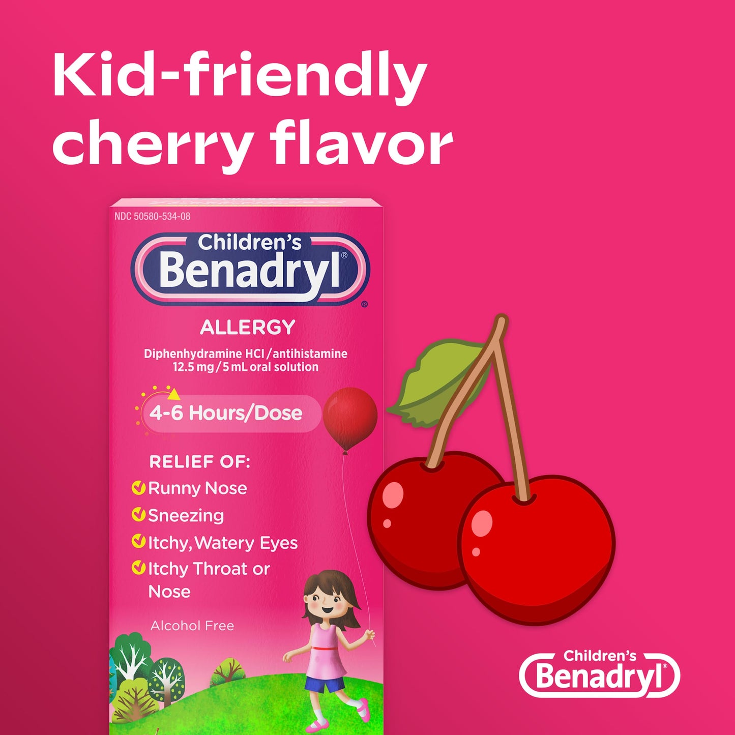 Benadryl Children's Allergy Relief Liquid Medicine with Diphenhydramine HCl Antihistamine for Kids, Effective Allergy Relief, Cherry Flavor, 8 fl. oz