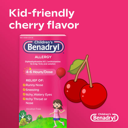 Benadryl Children's Allergy Relief Liquid Medicine with Diphenhydramine HCl Antihistamine for Kids, Effective Allergy Relief, Cherry Flavor, 8 fl. oz